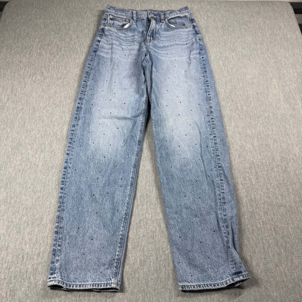 American Eagle Jeans Womens 2 Blue Strigid Baggy Straight Leg‎ Rhinestone Denim